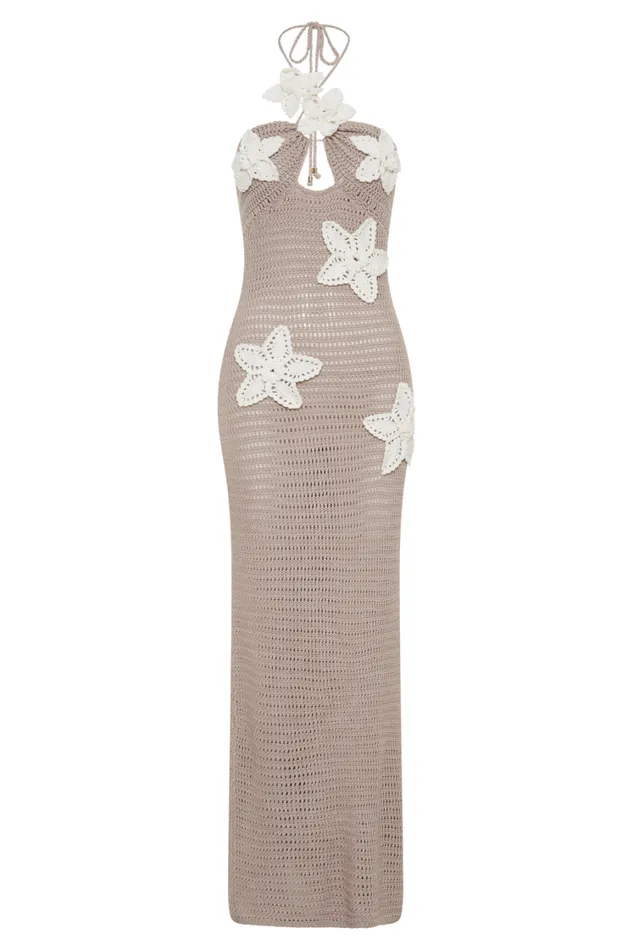 Women Meshki Dresses Kyla Floral Crochet Maxi Dress 8211 TaupeWhite