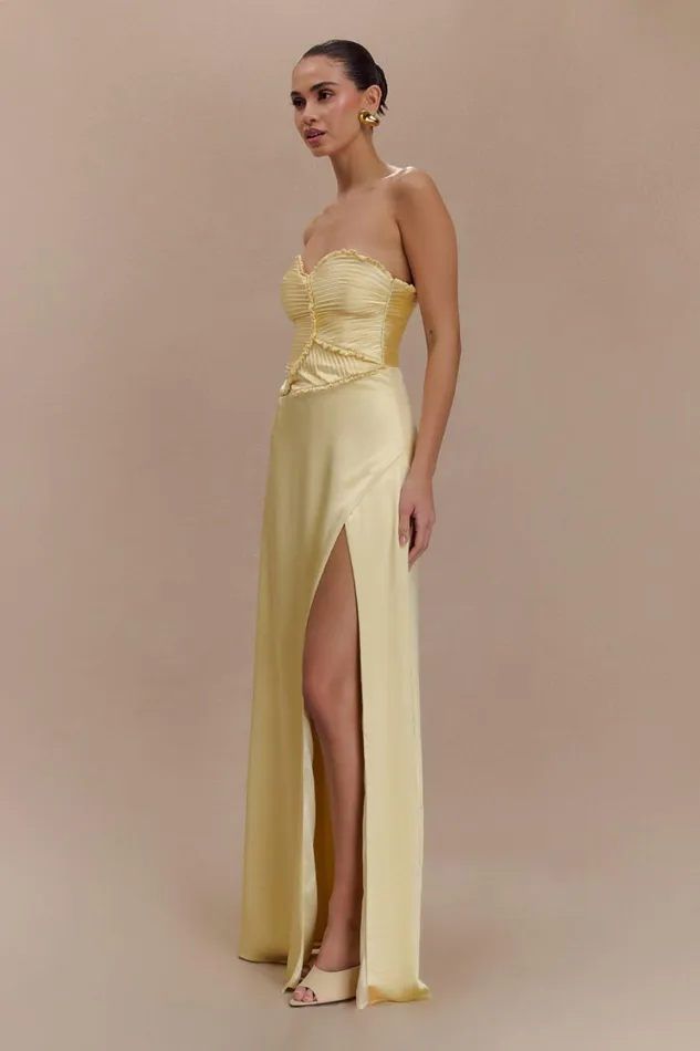Women Meshki Dresses Larissa Satin Maxi Dress With Ruched Petals 8211 Lemon