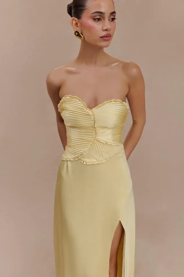 Women Meshki Dresses Larissa Satin Maxi Dress With Ruched Petals 8211 Lemon