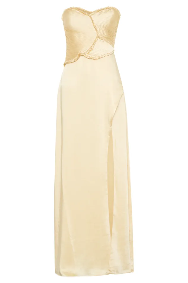 Women Meshki Dresses Larissa Satin Maxi Dress With Ruched Petals 8211 Lemon