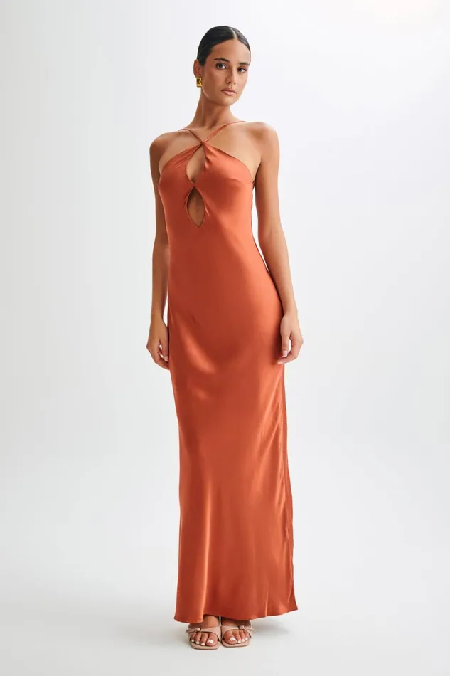 Women Meshki Dresses Lucia Satin Cut Out Maxi Dress 8211 Burnt Orange