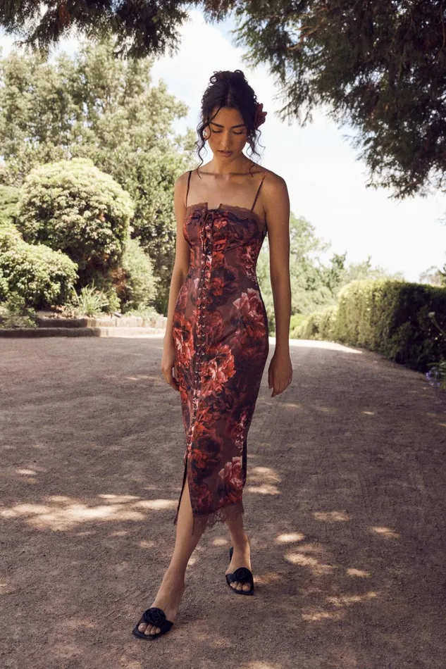 Women Meshki Dresses Makayla Midi Dress With Lace 8211 Peony Print