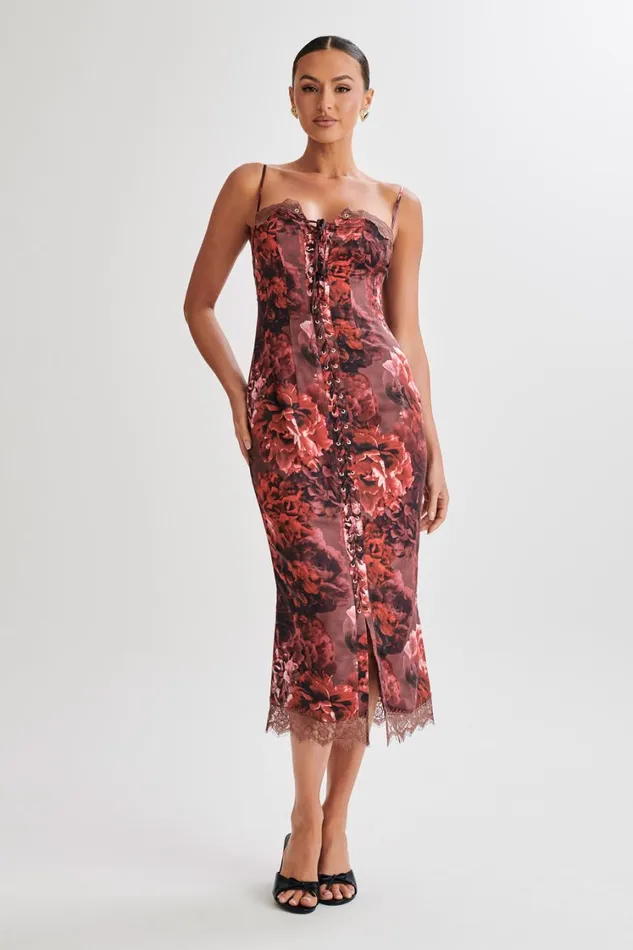Women Meshki Dresses Makayla Midi Dress With Lace 8211 Peony Print