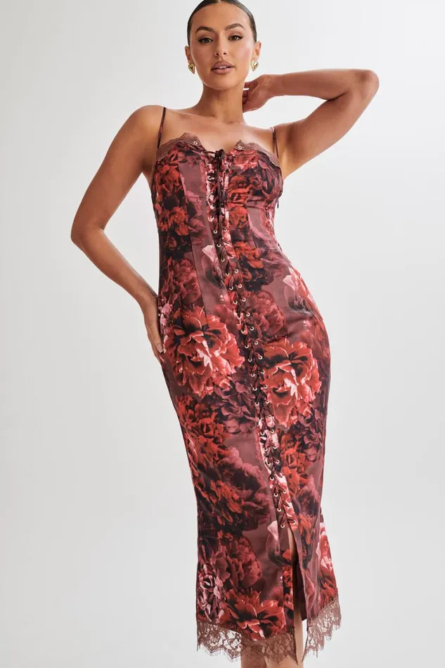 Women Meshki Dresses Makayla Midi Dress With Lace 8211 Peony Print