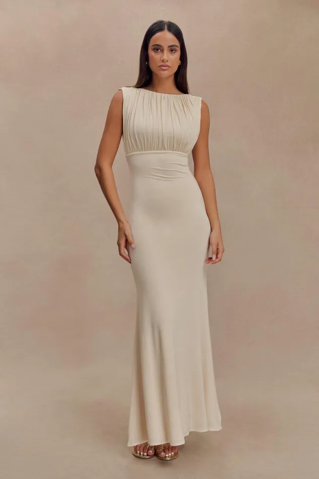 Women Meshki Dresses Malia Slinky Ruched Maxi Dress 8211 Ivory