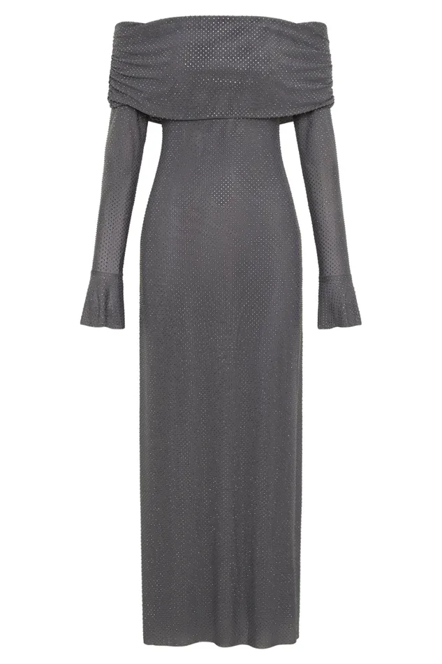 Women Meshki Dresses Marcel Off Shoulder Diamante Maxi Dress 8211 Gunmetal