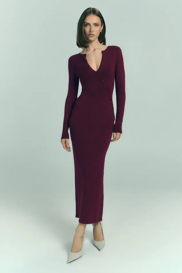 Women Meshki Dresses Maria Long Sleeve Buttoned Knit Maxi Dress 8211 Plum