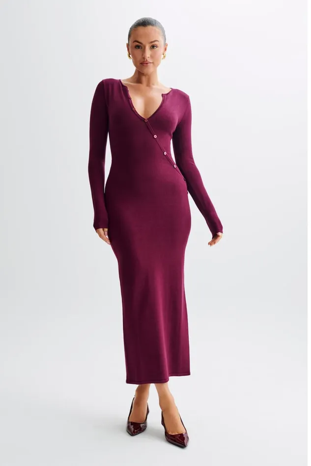 Women Meshki Dresses Maria Long Sleeve Buttoned Knit Maxi Dress 8211 Plum