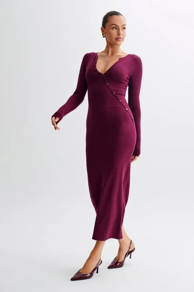 Women Meshki Dresses Maria Long Sleeve Buttoned Knit Maxi Dress 8211 Plum