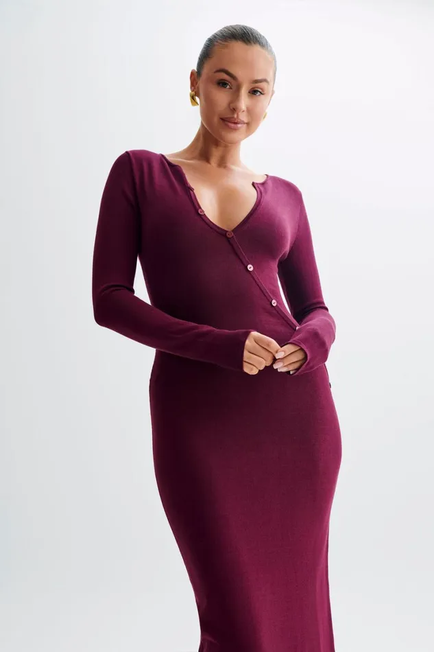 Women Meshki Dresses Maria Long Sleeve Buttoned Knit Maxi Dress 8211 Plum