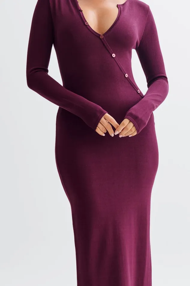 Women Meshki Dresses Maria Long Sleeve Buttoned Knit Maxi Dress 8211 Plum