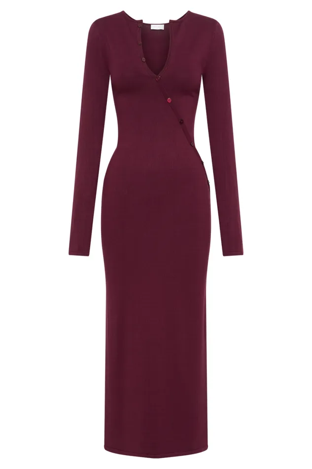 Women Meshki Dresses Maria Long Sleeve Buttoned Knit Maxi Dress 8211 Plum