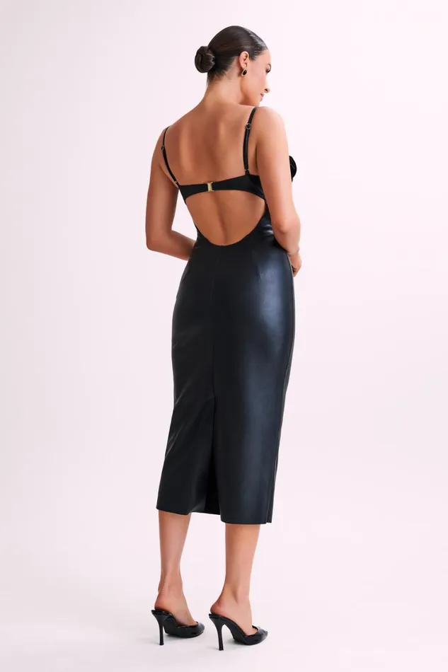 Women Meshki Dresses Mariam Faux Leather Rose Midi Dress 8211 Black