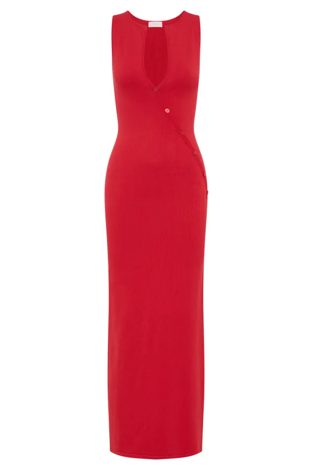 Women Meshki Dresses Marina Sleeveless Buttoned Knit Midi Dress 8211 Pomegranate