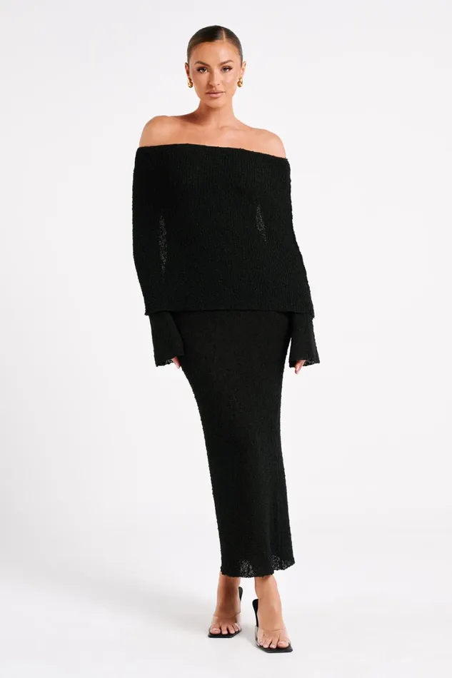 Women Meshki Dresses Marisol Off Shoulder Boucle Maxi Dress 8211 Black