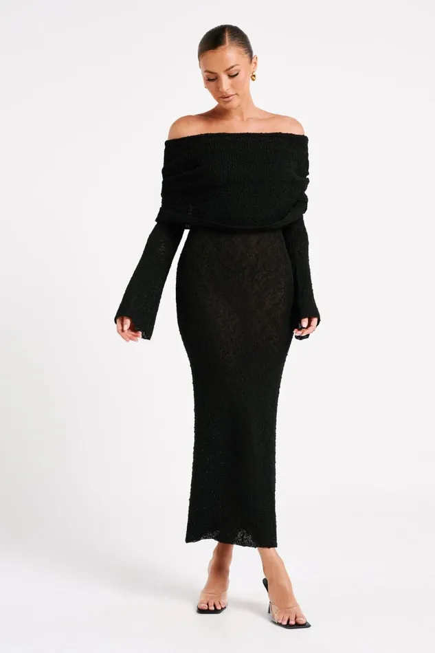 Women Meshki Dresses Marisol Off Shoulder Boucle Maxi Dress 8211 Black