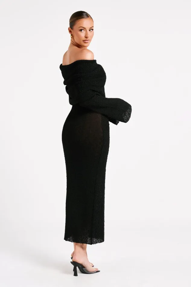 Women Meshki Dresses Marisol Off Shoulder Boucle Maxi Dress 8211 Black