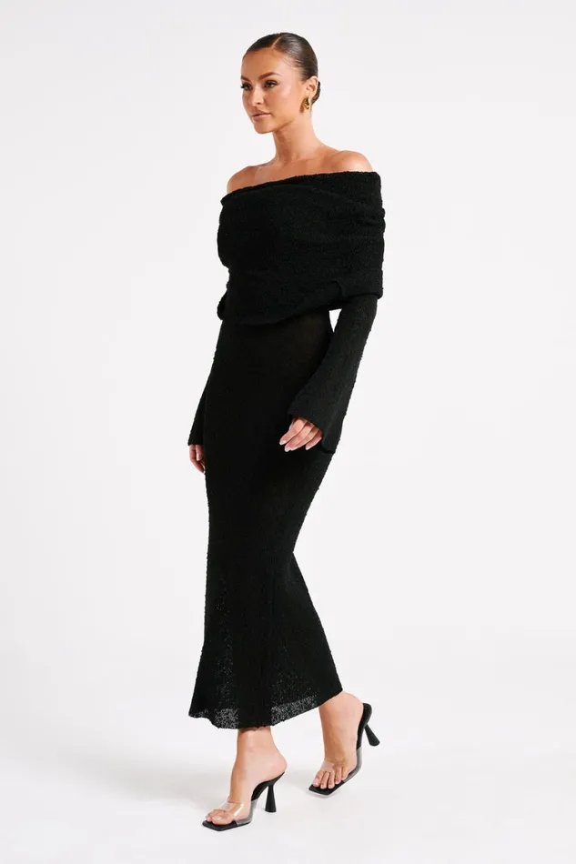 Women Meshki Dresses Marisol Off Shoulder Boucle Maxi Dress 8211 Black