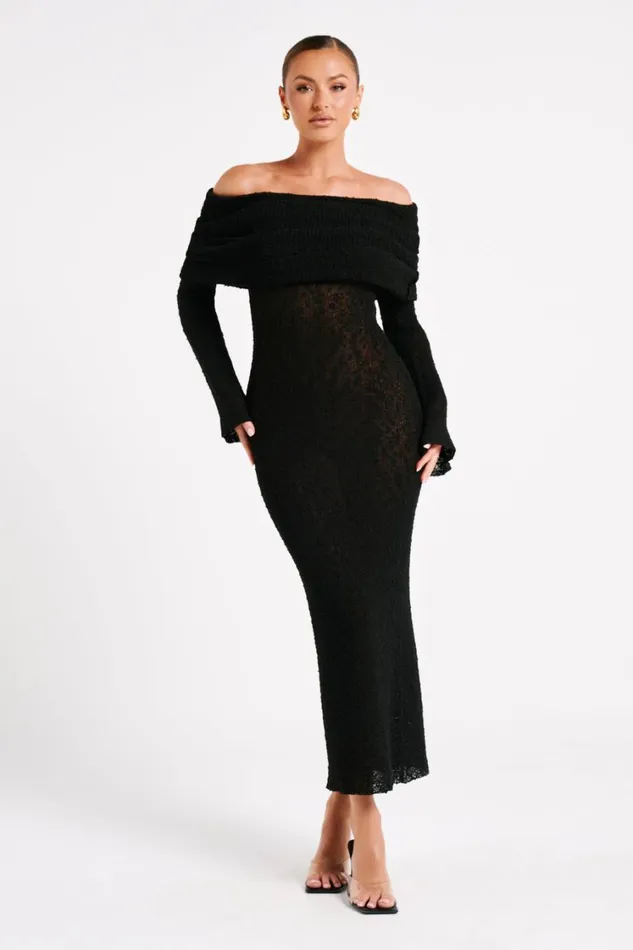 Women Meshki Dresses Marisol Off Shoulder Boucle Maxi Dress 8211 Black