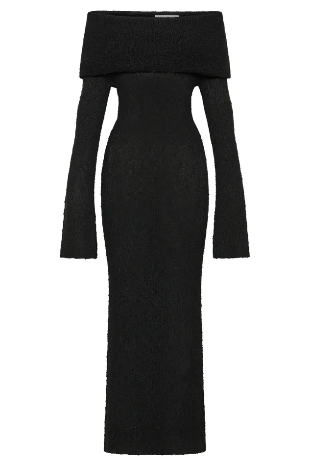 Women Meshki Dresses Marisol Off Shoulder Boucle Maxi Dress 8211 Black