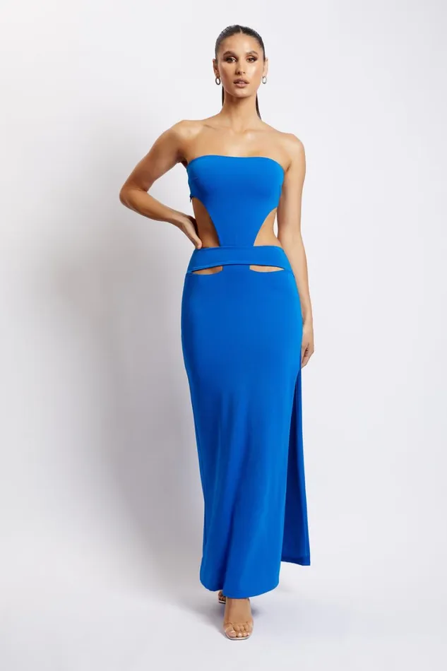 Women Meshki Dresses Marissa Strapless Maxi Dress With Waist Tie 8211 Cobalt Blue