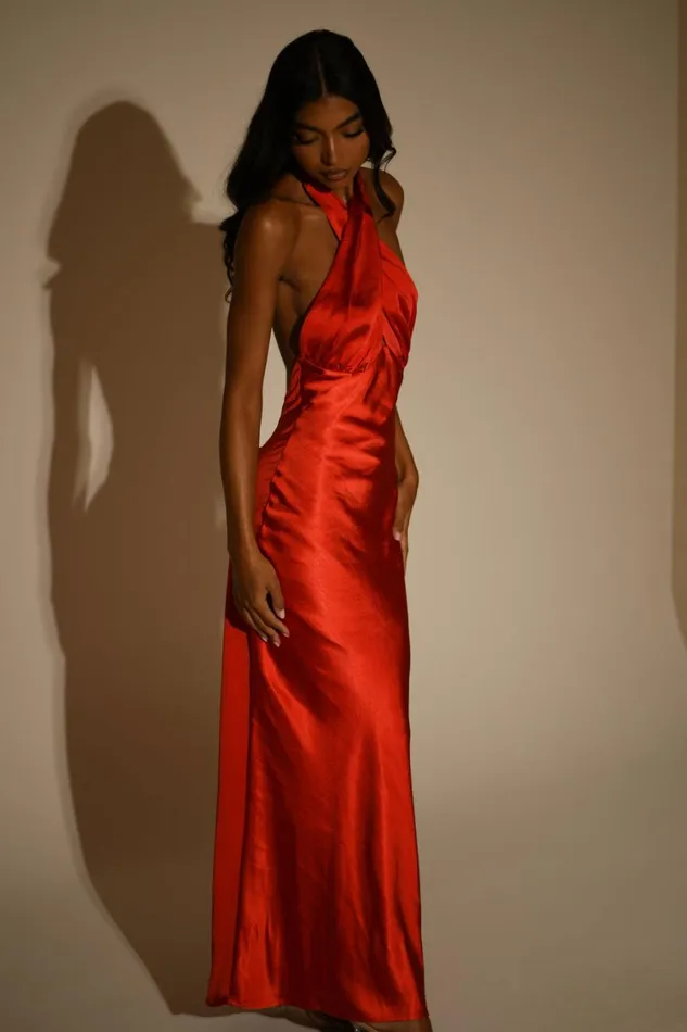 Women Meshki Dresses Marvelle Satin Halter Maxi Dress 8211 Vermilion Red
