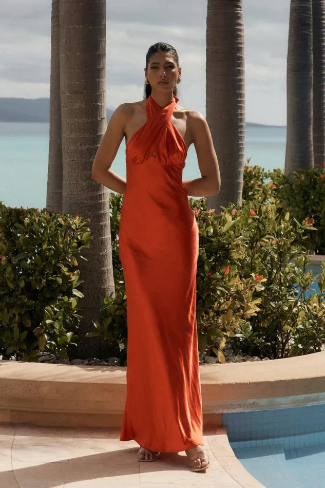Women Meshki Dresses Marvelle Satin Halter Maxi Dress 8211 Vermilion Red