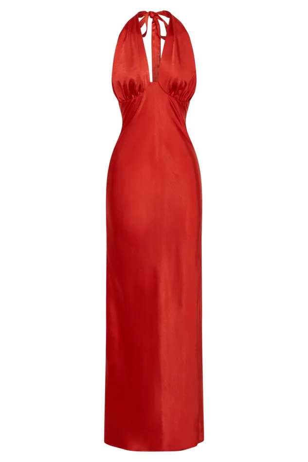 Women Meshki Dresses Marvelle Satin Halter Maxi Dress 8211 Vermilion Red