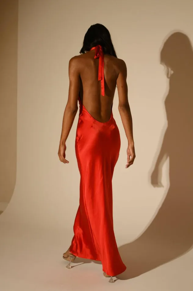 Women Meshki Dresses Marvelle Satin Halter Maxi Dress 8211 Vermilion Red