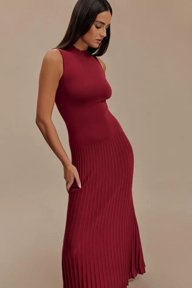 Women Meshki Dresses Mavis High Neck Pleated Maxi Dress 8211 Mahogany