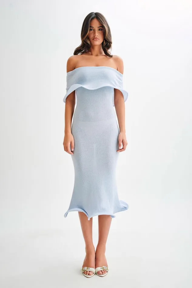 Women Meshki Dresses Molly Off Shoulder Knit Midi Dress 8211 Sky Blue