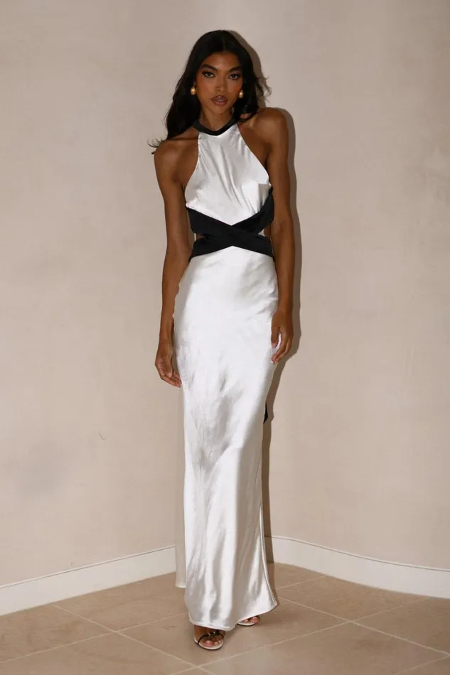 Women Meshki Dresses Nalani Satin Halter Maxi Dress 8211 BlackWhite