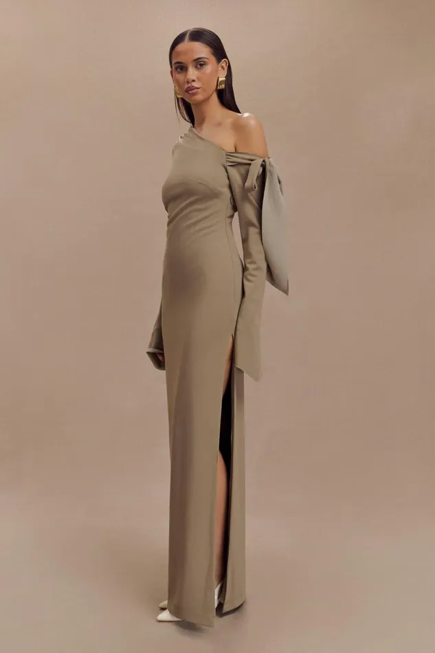 Women Meshki Dresses Nicola One Shoulder Crepe Maxi Dress 8211 Mushroom