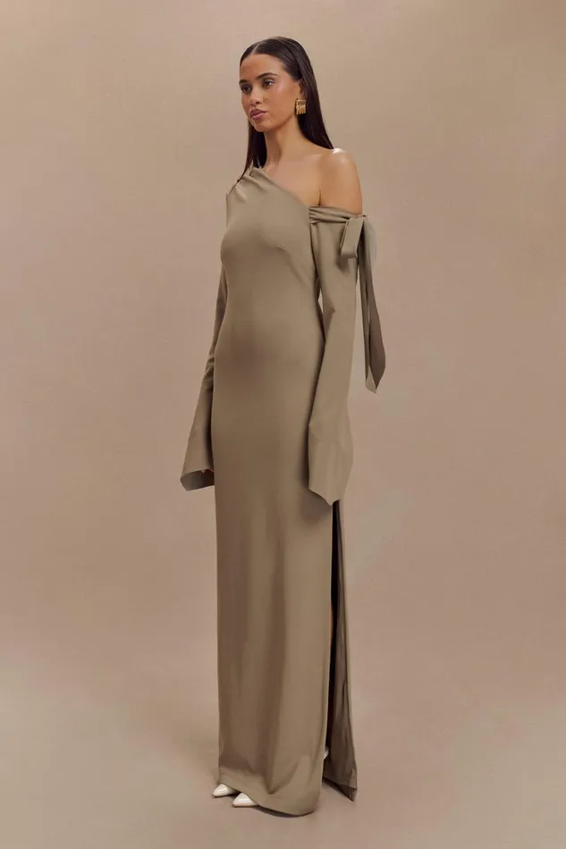 Women Meshki Dresses Nicola One Shoulder Crepe Maxi Dress 8211 Mushroom