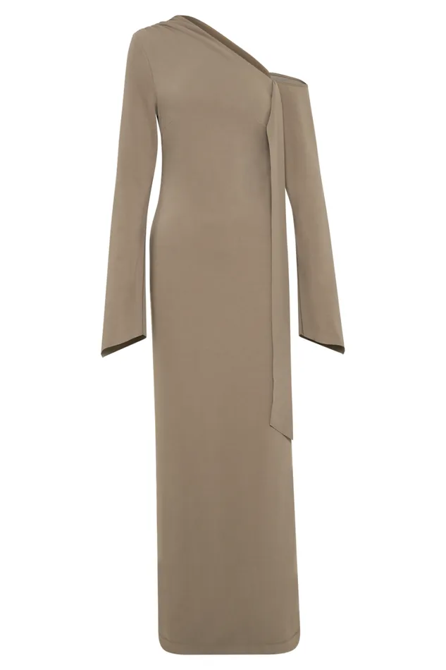Women Meshki Dresses Nicola One Shoulder Crepe Maxi Dress 8211 Mushroom