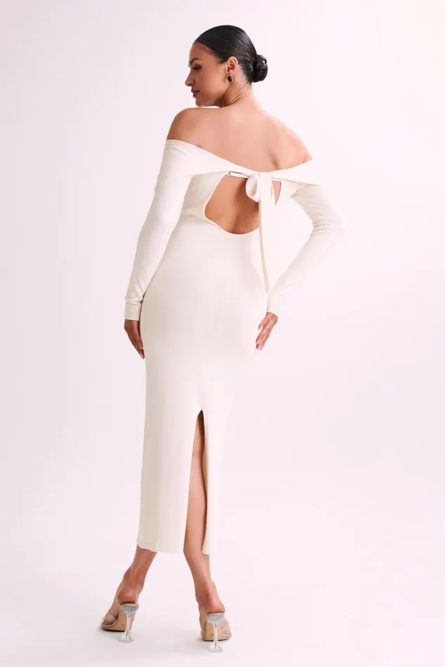 Women Meshki Dresses Odyssey Off Shoulder Knit Maxi Dress 8211 Ivory