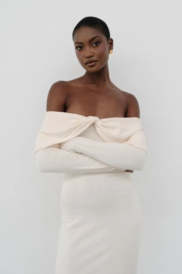 Women Meshki Dresses Odyssey Off Shoulder Knit Maxi Dress 8211 Ivory
