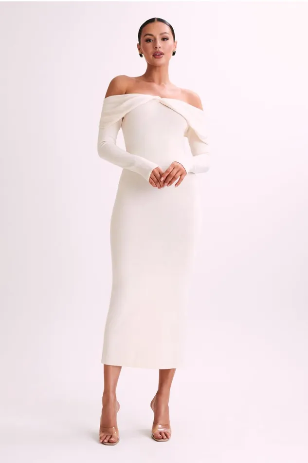 Women Meshki Dresses Odyssey Off Shoulder Knit Maxi Dress 8211 Ivory