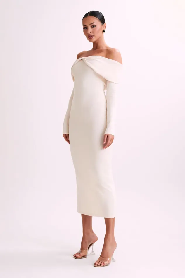 Women Meshki Dresses Odyssey Off Shoulder Knit Maxi Dress 8211 Ivory