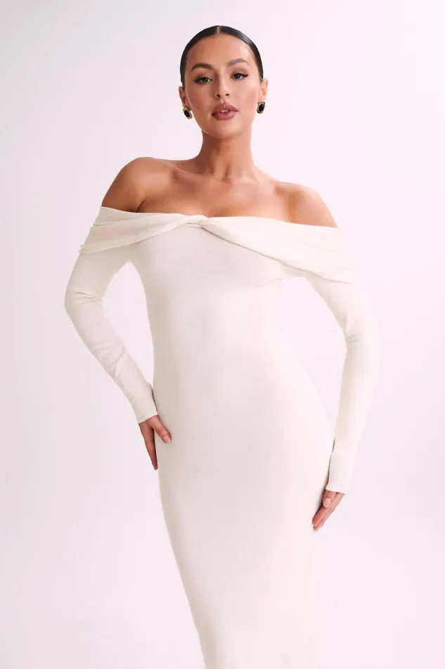 Women Meshki Dresses Odyssey Off Shoulder Knit Maxi Dress 8211 Ivory