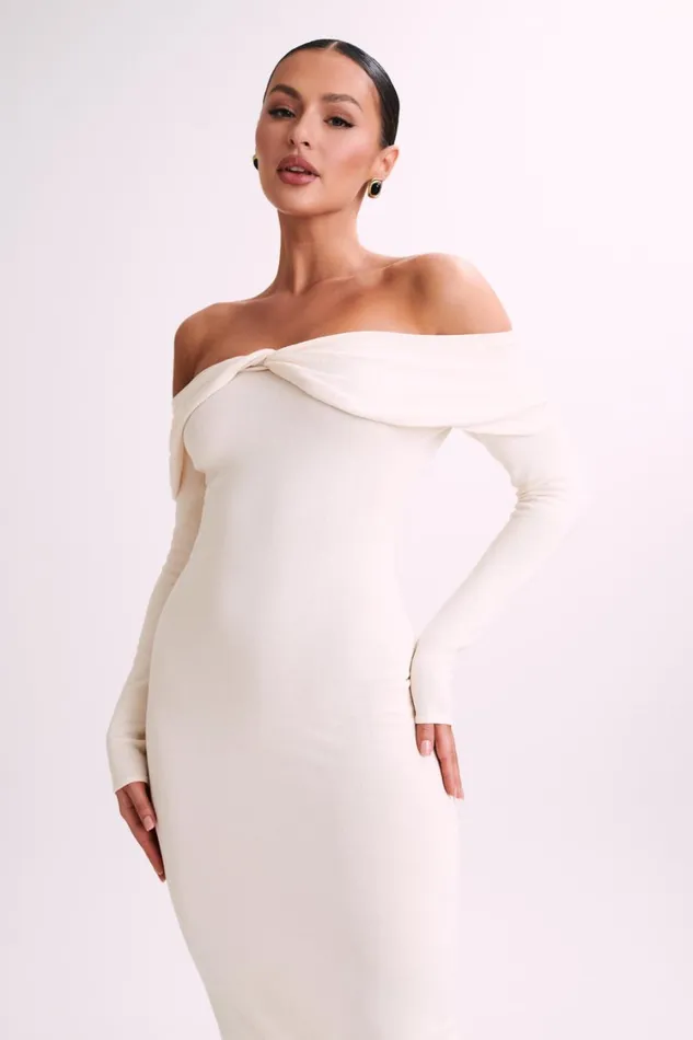 Women Meshki Dresses Odyssey Off Shoulder Knit Maxi Dress 8211 Ivory