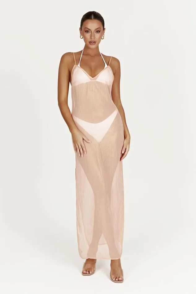 Women Meshki Dresses Phoebe Sheer Iridescent Maxi Dress 8211 Peach