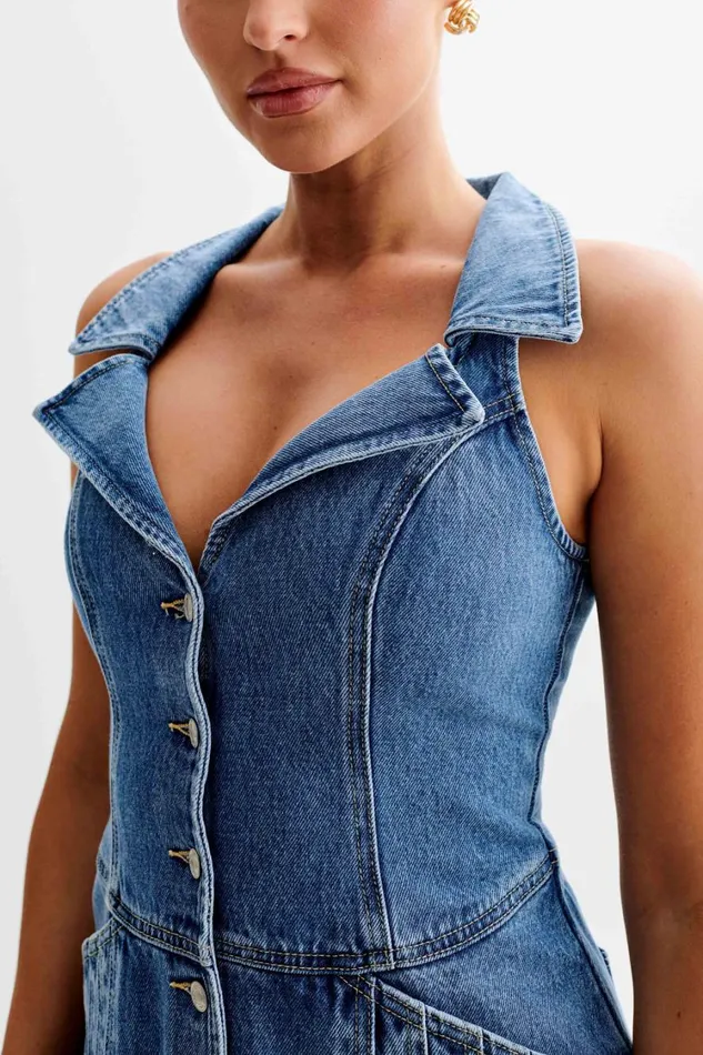 Women Meshki Dresses Porter Collared Denim Mini Dress 8211 70039S Blue