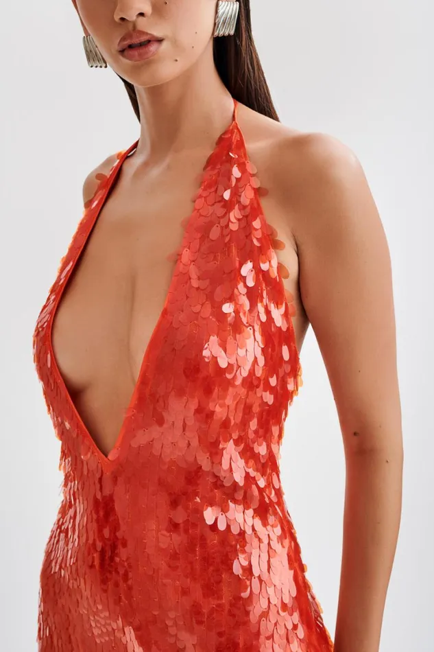 Women Meshki Dresses Primrose Sequin Halter Mini Dress 8211 Firey Orange