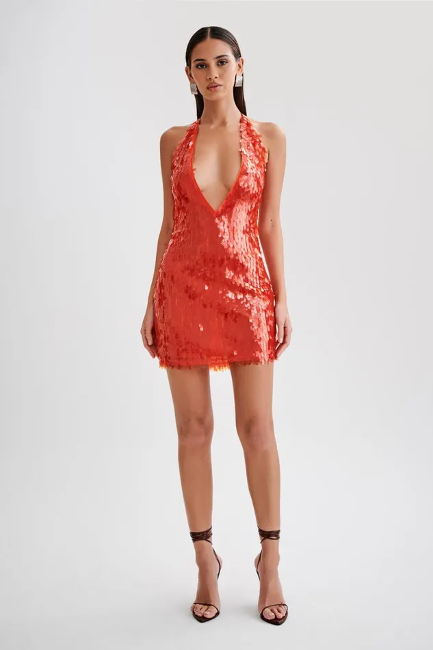 Women Meshki Dresses Primrose Sequin Halter Mini Dress 8211 Firey Orange