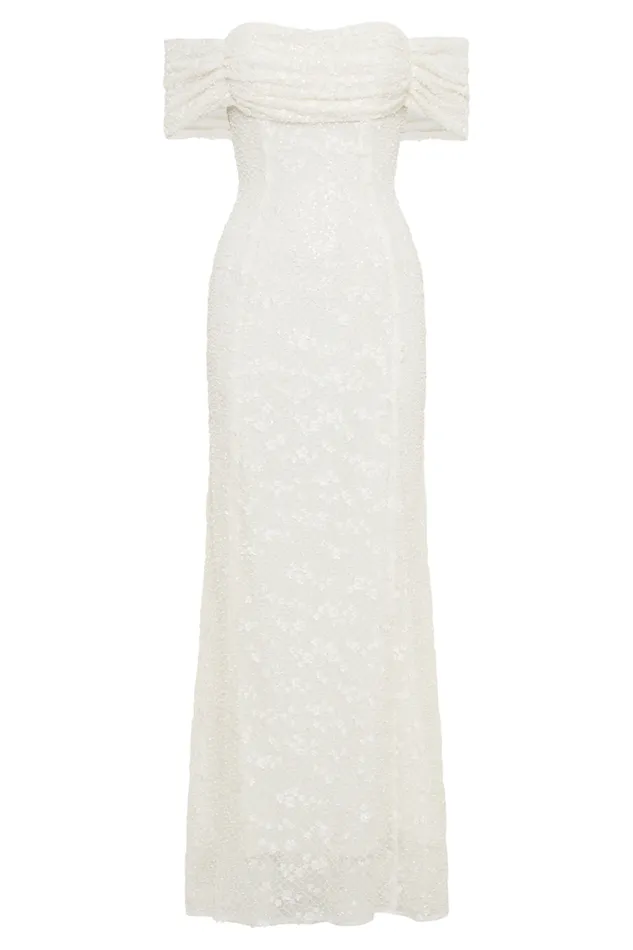 Women Meshki Dresses Priyanka Daisy Beaded Off Shoulder Wedding Gown 8211 White