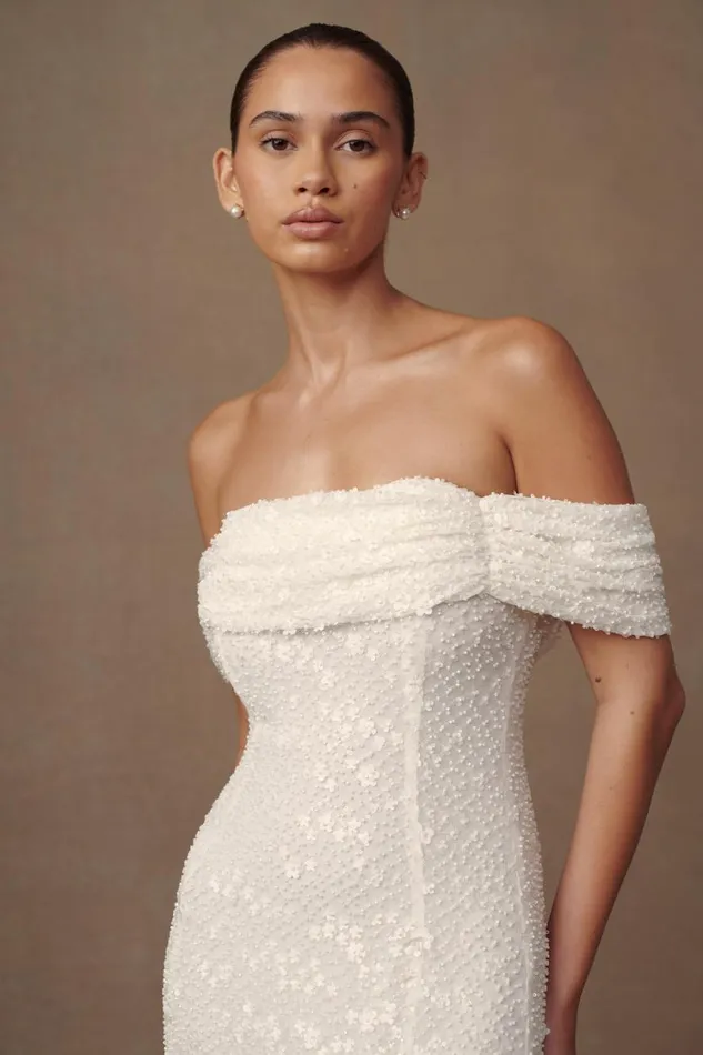 Women Meshki Dresses Priyanka Daisy Beaded Off Shoulder Wedding Gown 8211 White