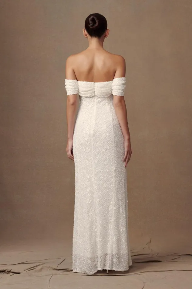 Women Meshki Dresses Priyanka Daisy Beaded Off Shoulder Wedding Gown 8211 White
