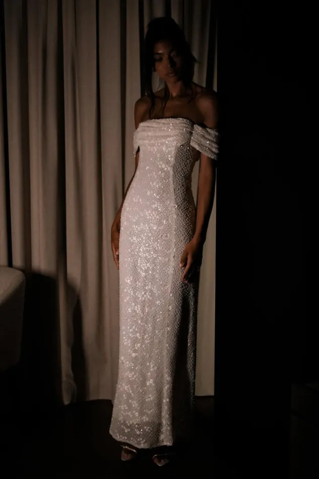 Women Meshki Dresses Priyanka Daisy Beaded Off Shoulder Wedding Gown 8211 White