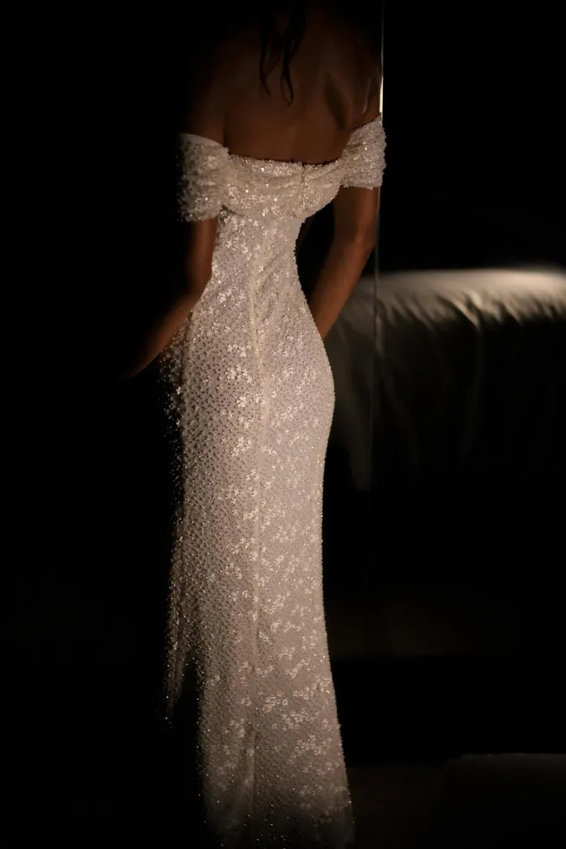 Women Meshki Dresses Priyanka Daisy Beaded Off Shoulder Wedding Gown 8211 White